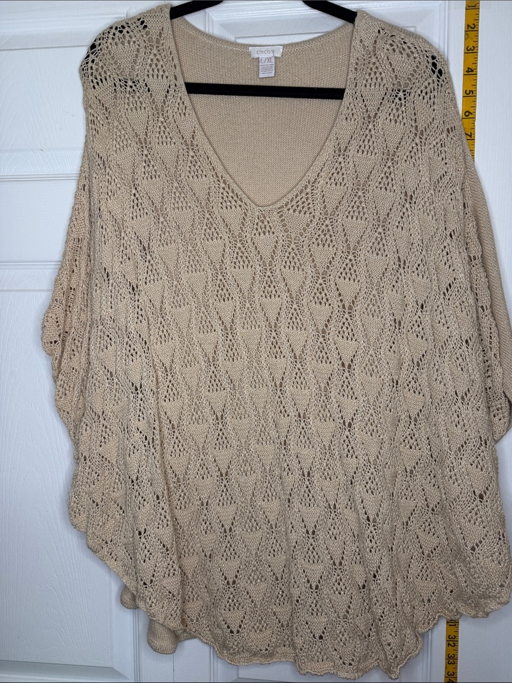 Chico's Champagne Open-Knit V-Neck Sweater Poncho